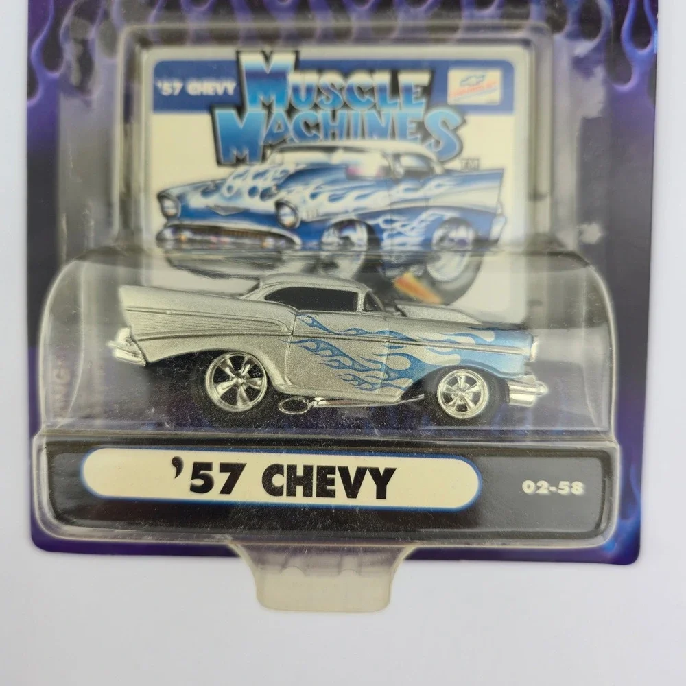 Vintage Muscle Machines 57 Chevy Die Cast Car 1/64 Silver Blue Flames 02-58